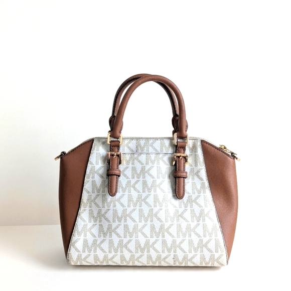 Michael Kors Ciara Medium Logo Printed Coated Canvas Leather Satchel Cream Brown - Picture 3 of 15